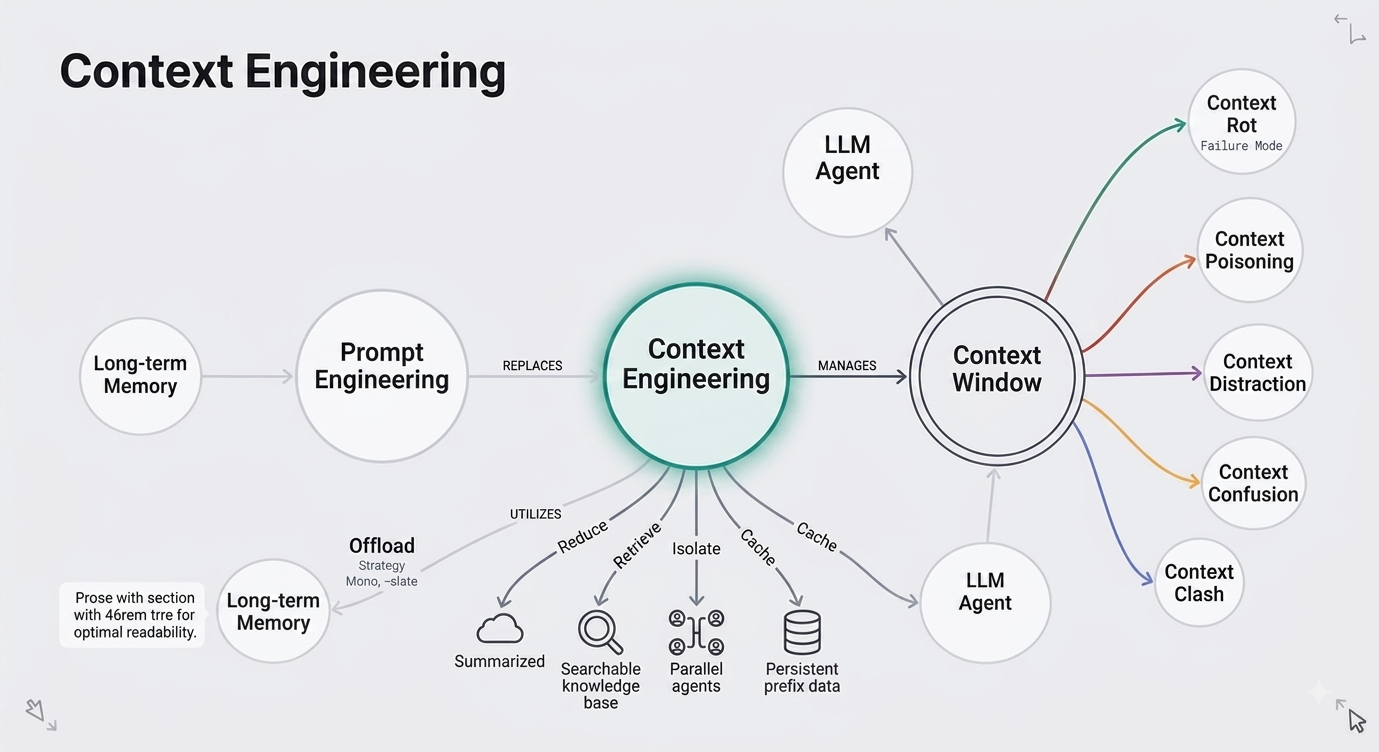 Context engineering: how prompt engineering, the context window, and an LLM agent relate, with the five failure modes and the offload/reduce/retrieve/isolate/cache strategies that manage them