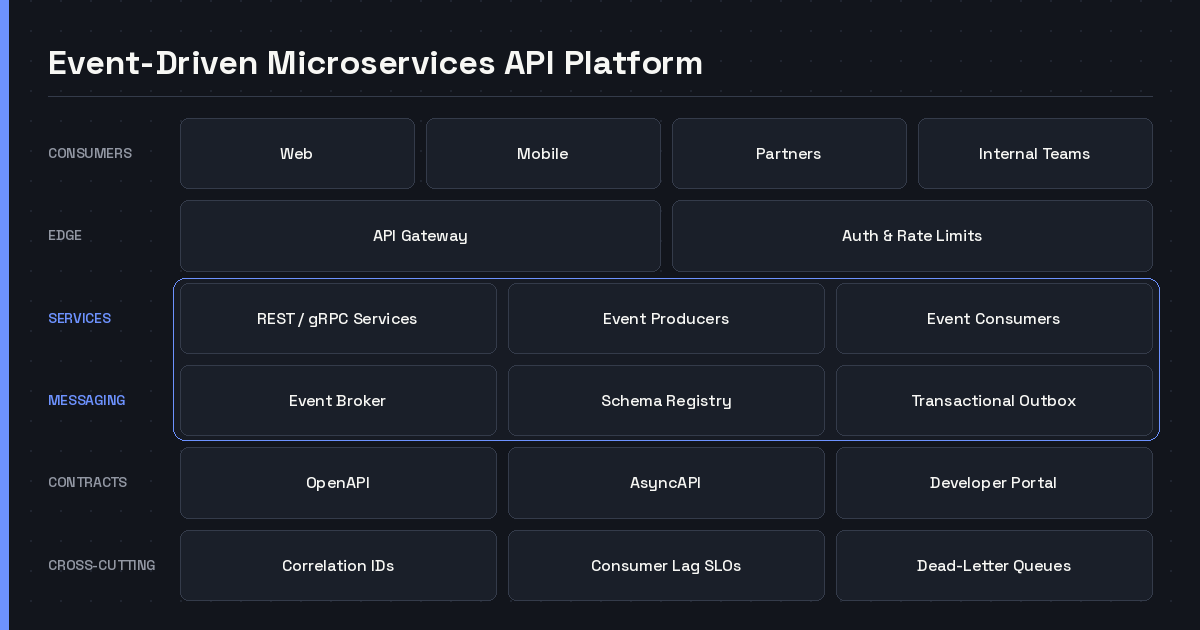 Layered diagram of an event-driven API platform, from consumers through the API gateway and microservices to the event broker, schema registry and developer portal