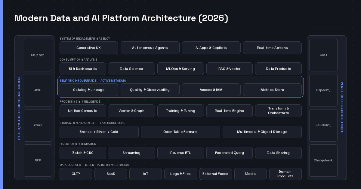 Seven-layer diagram of a modern data and AI platform, from decentralised data sources through ingestion, lakehouse storage, processing, semantics and consumption to a system of engagement, between rails for hybrid multi-cloud infrastructure and platform operations